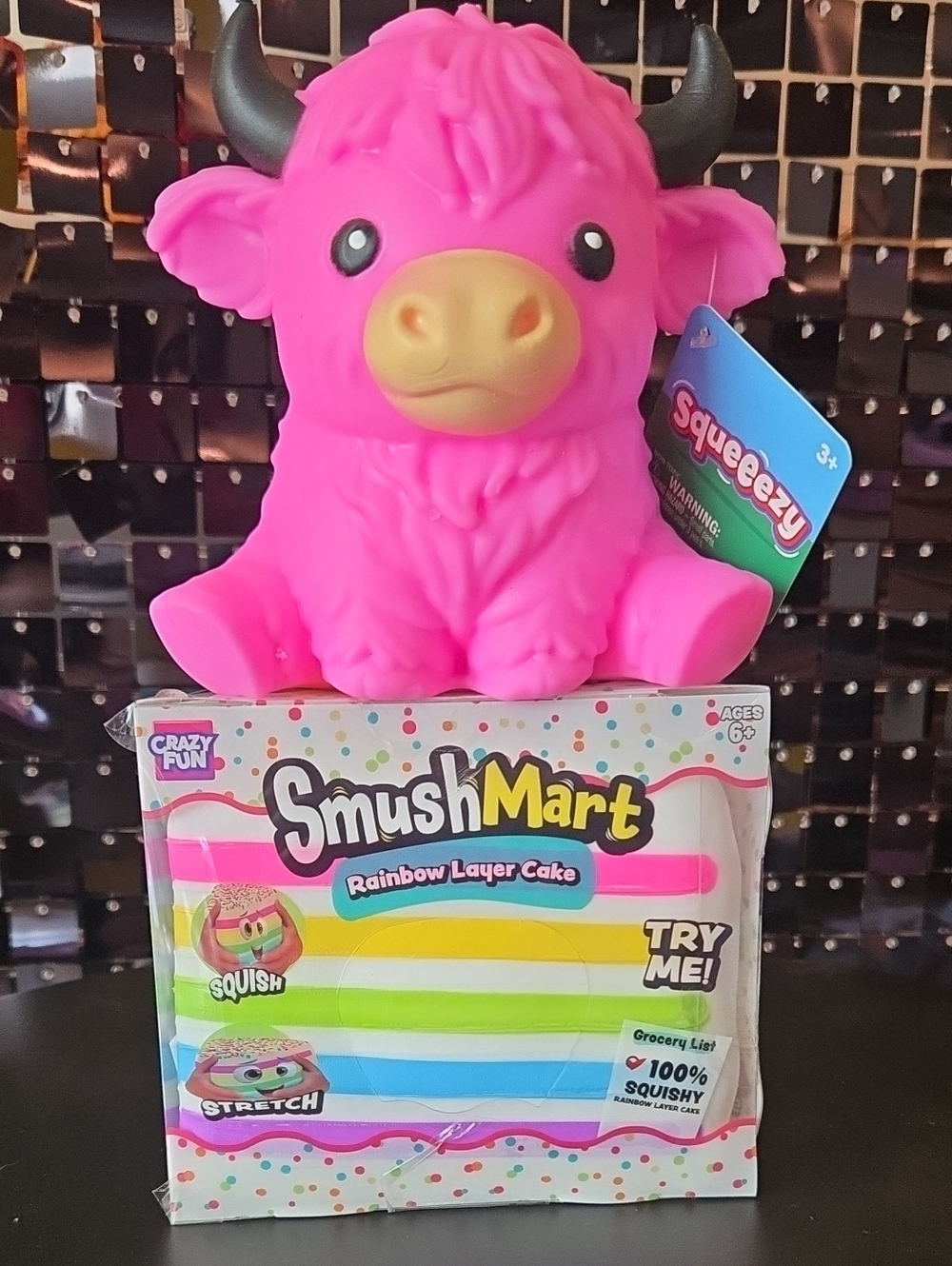 New SmushMart Rainbow Layer Cake Squeeze Toy & Squueeezy Pink Cow.